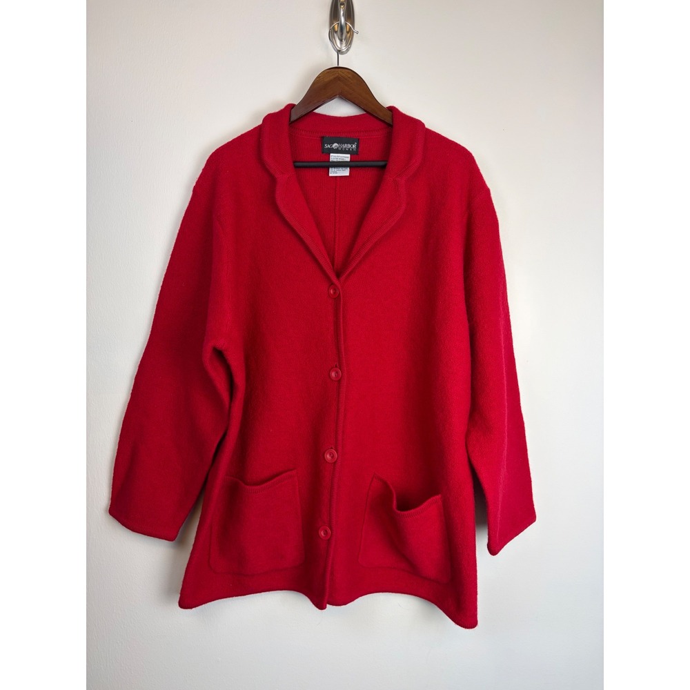 Vintage Sag Harbor Sweater Cardigan 1X Red Wool Button Blazer Jacket Shawl Cozy